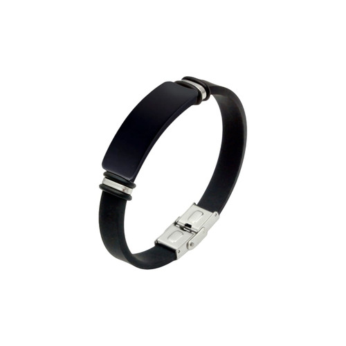 A black colour engraved bracelet featuring a sleek design and a silver clasp, with metallic accents.