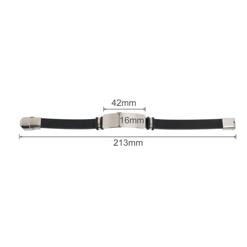 A black colour engraved bracelet with silver accents and specific measurements displayed. It has a sleek, modern design.
