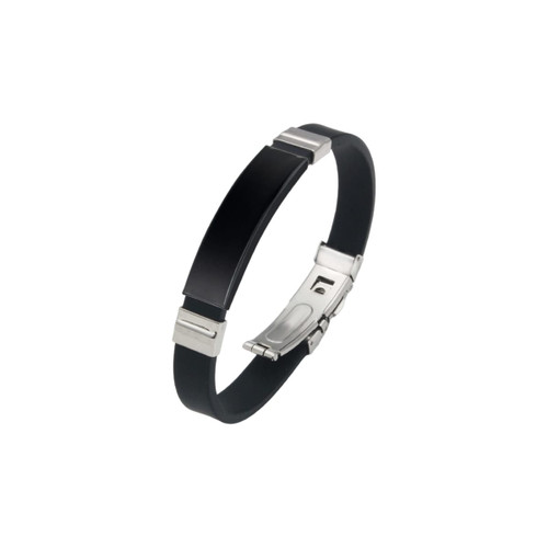 A black metal folding lock clasp bangle featuring silver accents and a sleek design. Includes a logo.