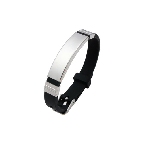A sleek black and silver metal bracelet featuring a smooth design and a secure clasp. The product has a logo.