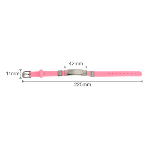 A pink metal bracelet featuring a stainless steel clasp and measuring 225mm in length and 42mm in width.