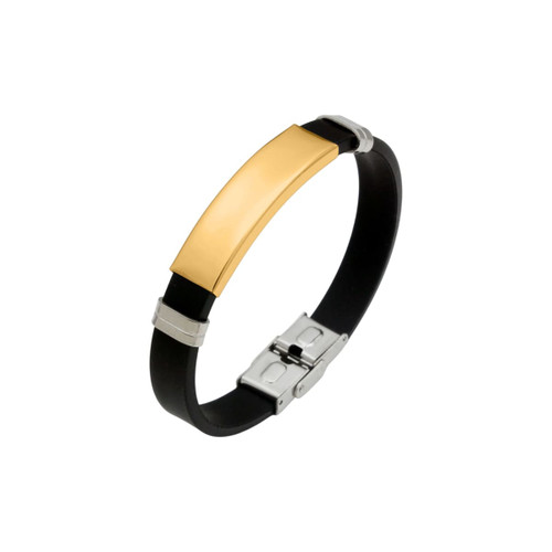 A metal buckle latch bracelet featuring a gold-coloured centrepiece and black leather band with silver accents.