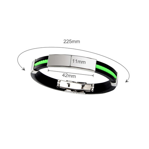 A silicone bracelet featuring a black band with a vibrant green accent, showcasing a sleek silver clasp.