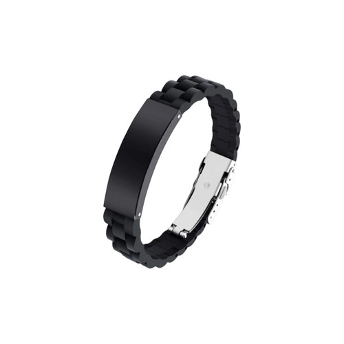 A black metal and silica bracelet with a folding lock clasp, featuring a sleek, modern design.