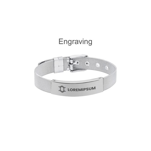 A metal bracelet featuring a silver mesh design and an adjustable clasp with an engraved section.