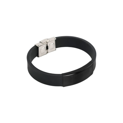A black stainless steel buckle latch bracelet featuring a sleek design and a polished finish.