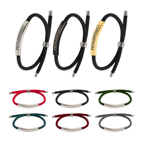 A collection of metal woven bracelets in black, red, green, and burgundy, featuring various colour finishes and a logo.