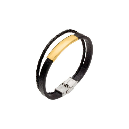 A double-layer bracelet in black leather and gold, featuring a braided design and a metallic clasp.