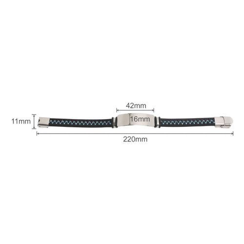An engraved leather bracelet featuring a black strap with blue stitching and a silver clasp. Dimensions included.