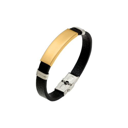 A custom leather bracelet featuring a black band and a gold plate with silver accents.