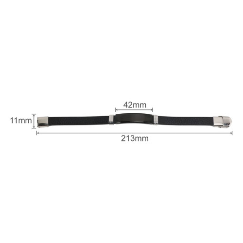 A black custom leather bracelet with silver details, measuring 213mm in length and 42mm in width.