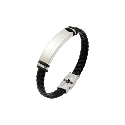 A black leather twine bracelet featuring a silver metal plate and a clasp closure. It has a sleek braided design.