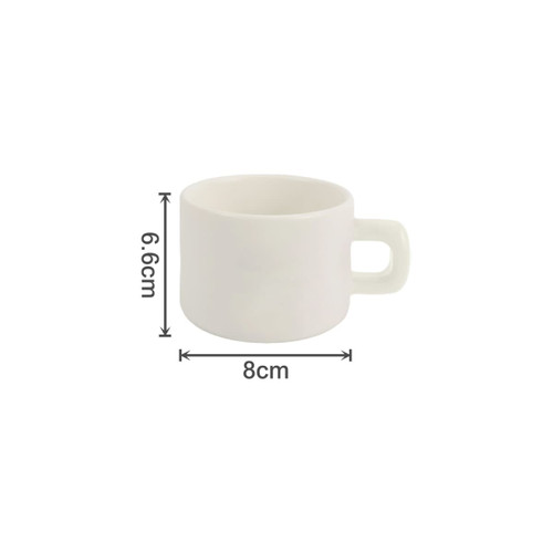 A white ceramic mug with a handle, featuring dimensions of 6.6cm in height and 8cm in width.