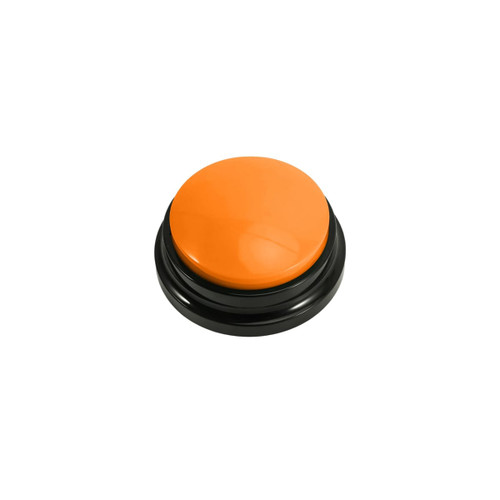 An orange button with a glossy finish, set on a black base. The button is round and prominent.
