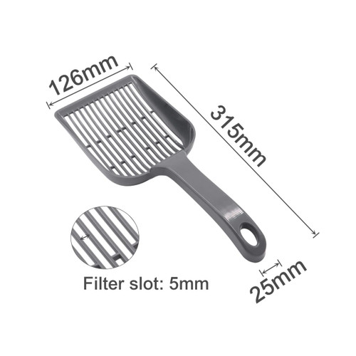 A large grey cat litter scoop with a slotted design for easy filtering, featuring measurements and a circular handle hole.