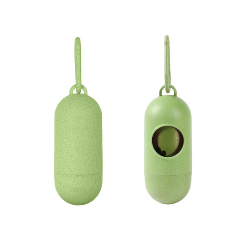 An eco-friendly green pet wastebag dispenser in a pill shape with a visible opening and a hanging loop.