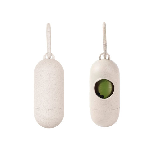 An eco-friendly white capsule-shaped pet waste bag dispenser with a visible compartment for bags and a hanging loop.