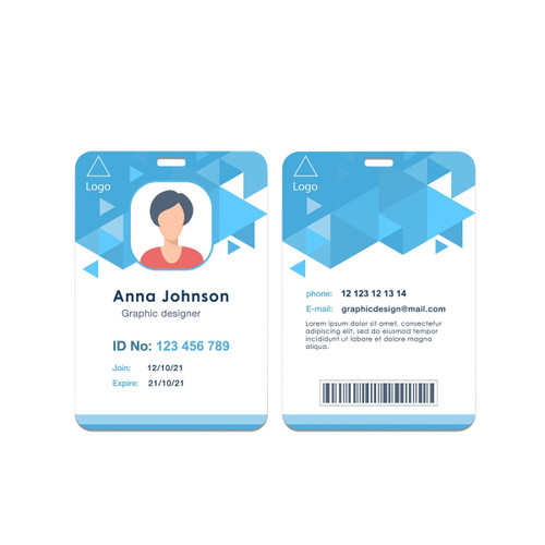 Acrylic name tag featuring a blue geometric design with space for a name, ID number, and contact details.
