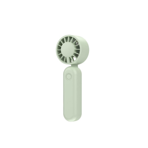 A foldable handheld fan in soft green, featuring a circular fan head and a sleek handle with a button.