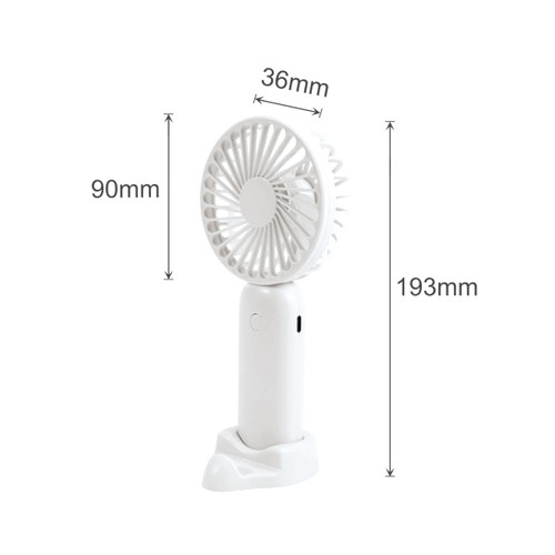 A white handheld fan with a phone stand, featuring a circular blade design and a compact base.