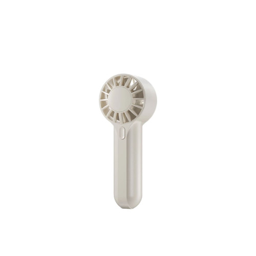 A mini handheld fan in a soft white colour, featuring a circular fan head and a compact handle. It has a logo.