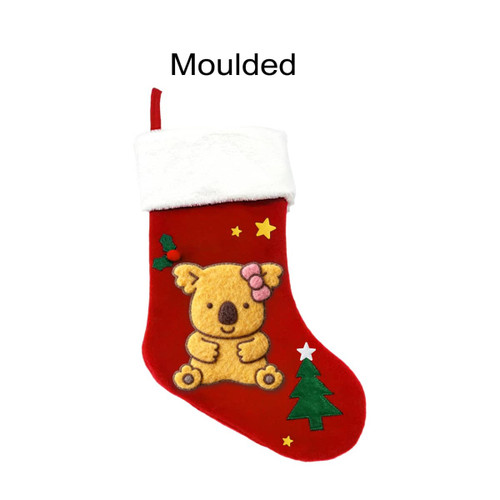 A red Christmas stocking with a white cuff features a koala design, embellished with felt and stars.