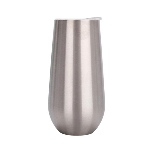 A drink bottle in a sleek silver stainless steel design, featuring a lid and a curved shape.