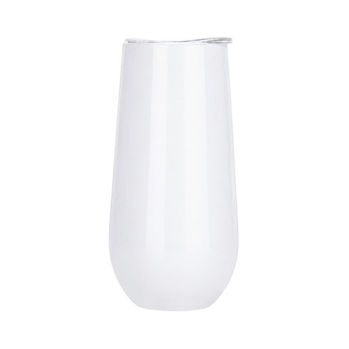A drink bottle in clear, frosted glass design with a metallic rim, featuring a logo on one side.
