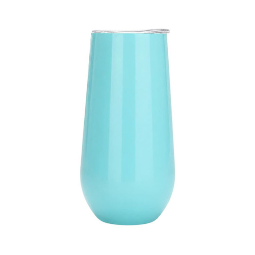 A drink bottle in a bright turquoise colour with a stainless steel lid and sleek design. It features a logo.