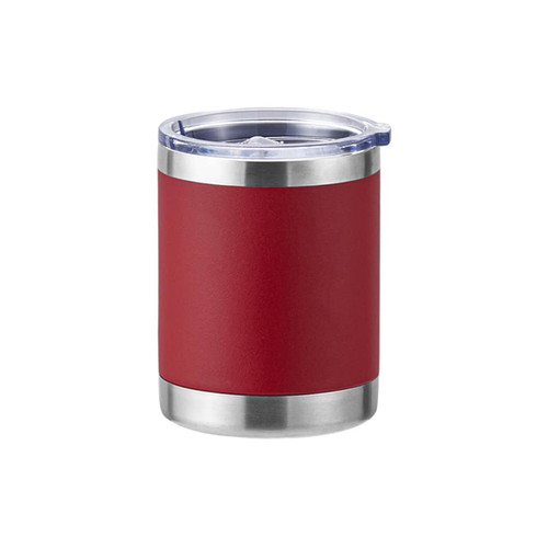 A drink bottle with a maroon body and stainless steel base, featuring a clear lid, and a logo on the side.