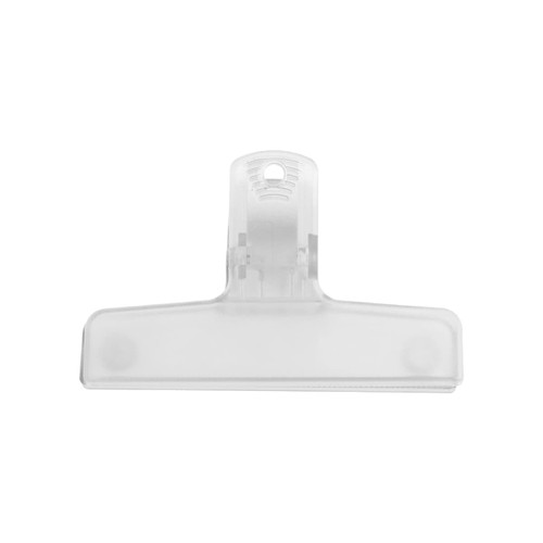 A translucent plastic magnetic clip in a clear finish with a sturdy grip. Features a hanging hole and a logo.
