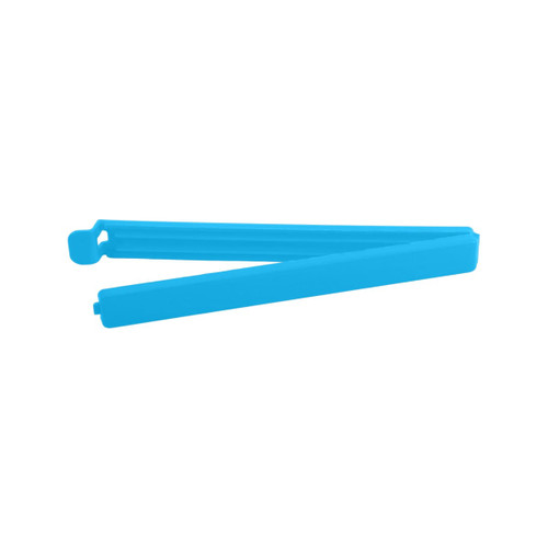 A large blue food bag seal clip is displayed, featuring a simple, elongated design.