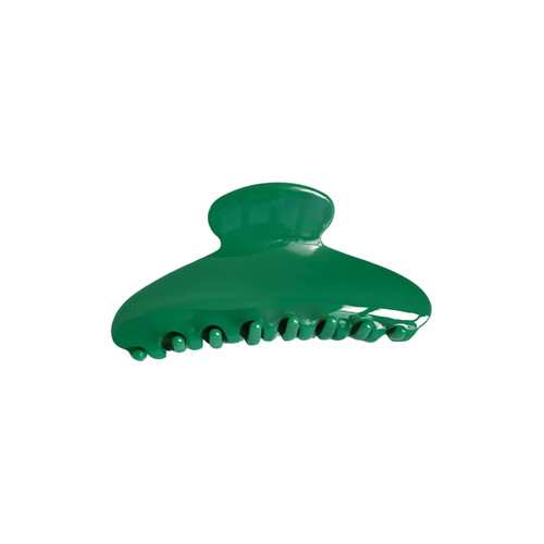 A green acetate hair clip with a smooth finish and curved design featuring multiple gripping teeth.