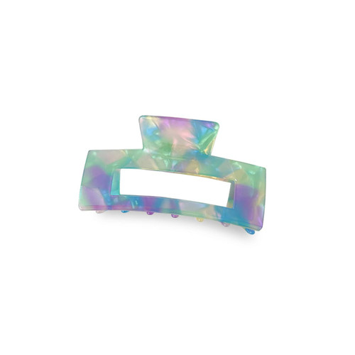A hair claw clip in iridescent pastel colours, featuring a rectangular opening and multiple gripping teeth.
