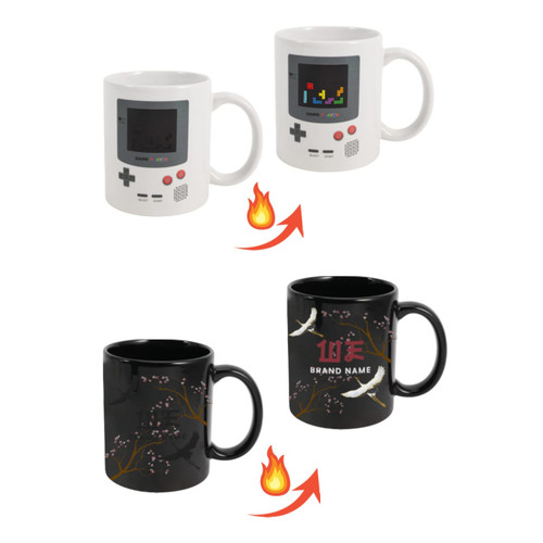 A heat sensitive colour changing mug, featuring a white Game Console design and a black floral design that reveals colours when heated.