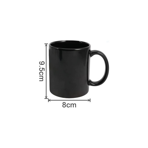 A black heat-sensitive mug with a glossy finish, featuring dimensions of 9.5 cm height and 8 cm diameter.