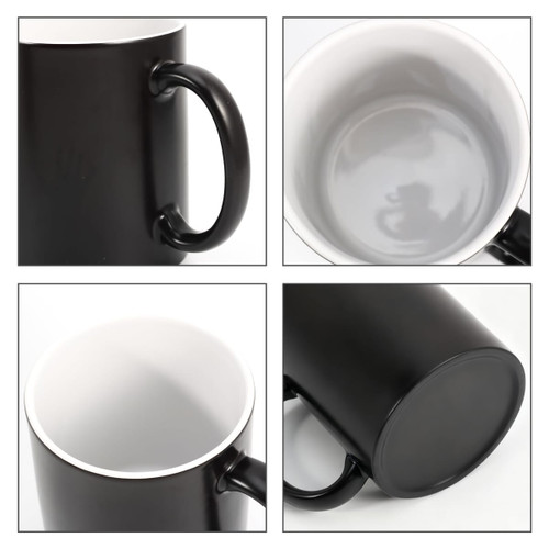A black mug with a white interior and a smooth handle, featuring a logo on the body.