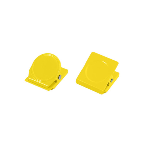 Two yellow metal magnetic clips sitting side by side, featuring a round and a square design. Each has a logo.