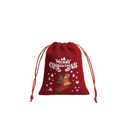 A red drawstring gift bag featuring festive Christmas graphics, including a stocking and holiday symbols.