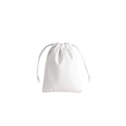 A white PU leather drawstring gift bag with a tied closure. It features a branding logo on the surface.
