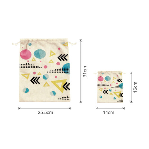 Cotton linen drawstring bags in cream with colourful geometric patterns, available in two sizes.