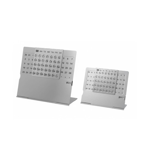 A silver aluminium desk calendar with two sizes, featuring a monthly layout and a stand. It has a logo on the front.
