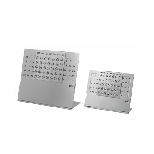 A silver aluminium desk calendar featuring a month view and a calendar with days of the week. It's sleek and modern in design.