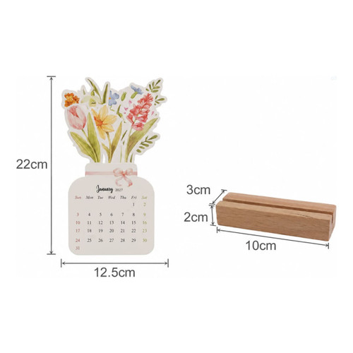 A desk calendar featuring a floral design with vibrant colours, accompanied by a wooden stand.