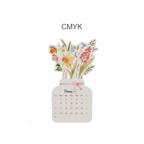 A floral desk calendar featuring a bouquet of flowers in pastel colours, with a white base and pink ribbon.