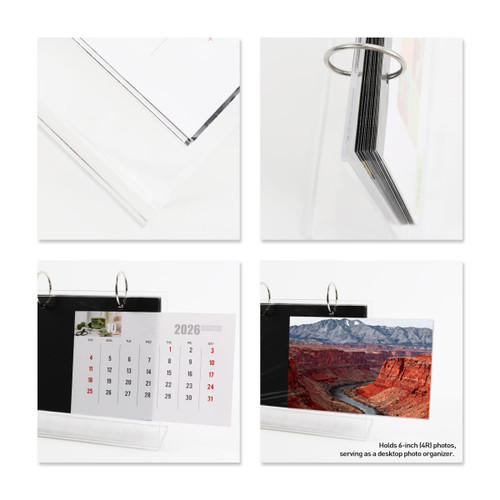 Acrylic desk calendar and photo album organiser in clear and black, featuring a ring mechanism for easy access.