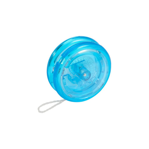A blue transparent yoyo with a string, featuring a simple design and a visible interior mechanism.