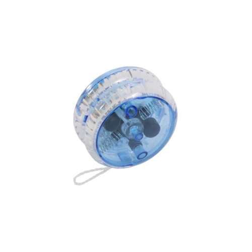 A blue translucent yoyo with internal light features and a string for playing.