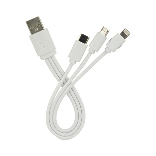 A multi-charge cable in white with a USB connector and multiple charging tips. Features a logo on the connector.