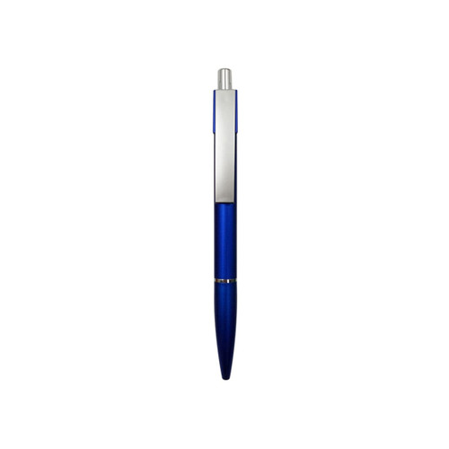 A blue ballpoint pen with a silver clip and detailing, featuring a sleek plastic design.